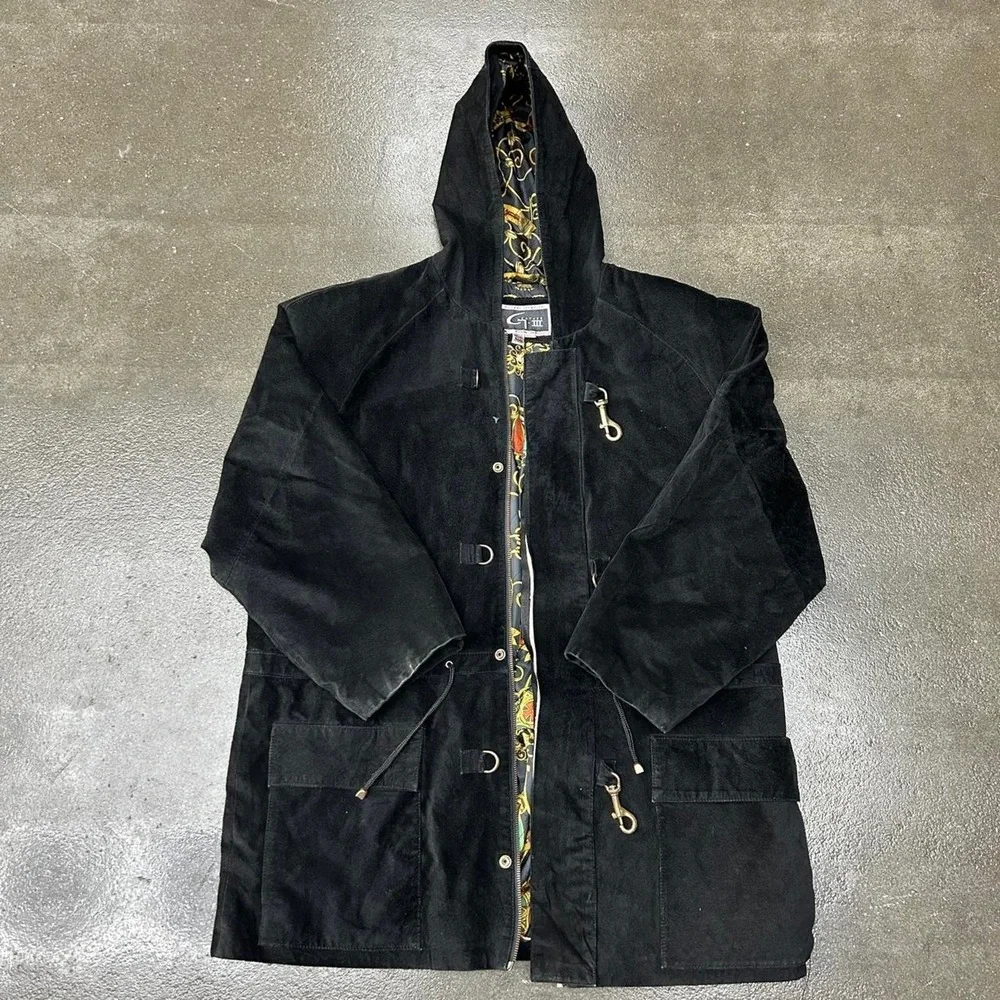 Vintage 90s G III Hooded Leather Jacket Men's Large Buckle Clasps Black Coat - Picture 2 of 8